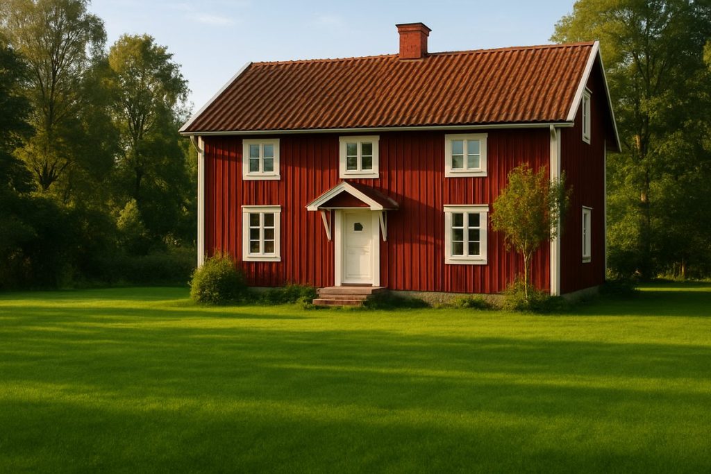 Tät och jämnt mörkgrön gräsmatta framför ett rött trähus en sommarmorgon