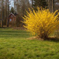 Gräsmatta som just börjat grönska på våren med en blommande buske i bakgrunden
