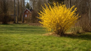 Gräsmatta som just börjat grönska på våren med en blommande buske i bakgrunden
