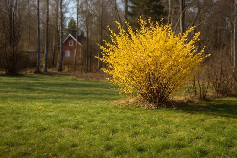Gräsmatta som just börjat grönska på våren med en blommande buske i bakgrunden