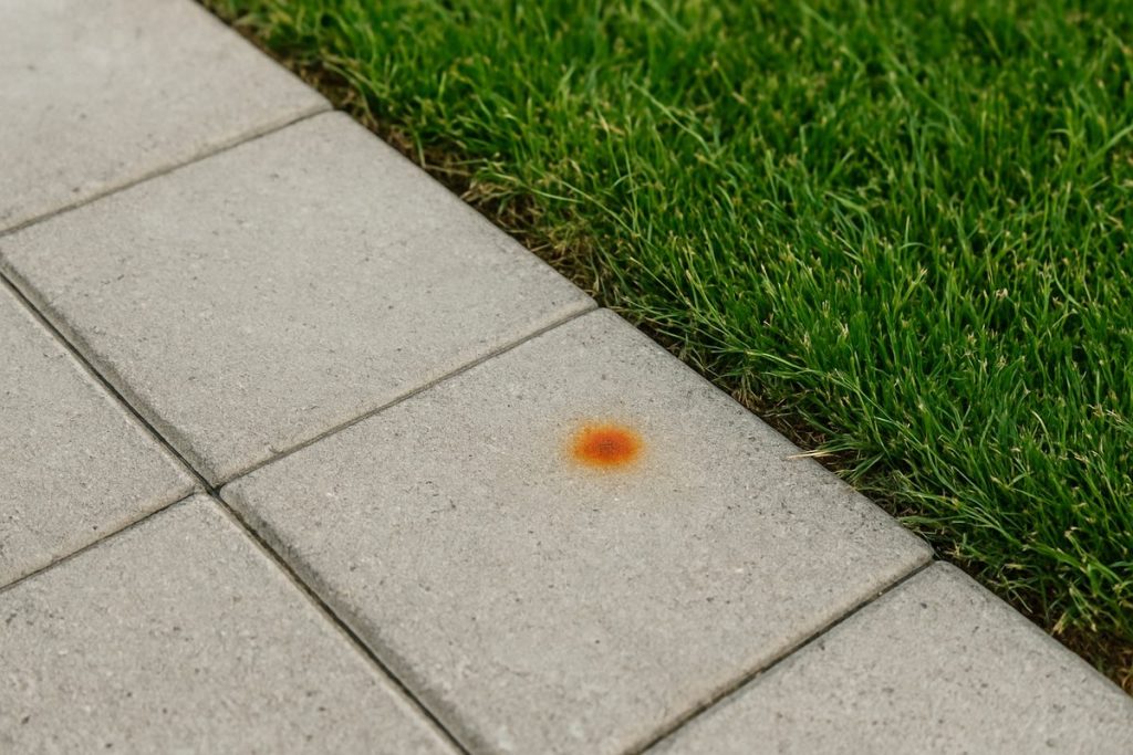 Ljusgrå betongplattor med en liten orangebrun fläck intill kanten av en gräsmatta