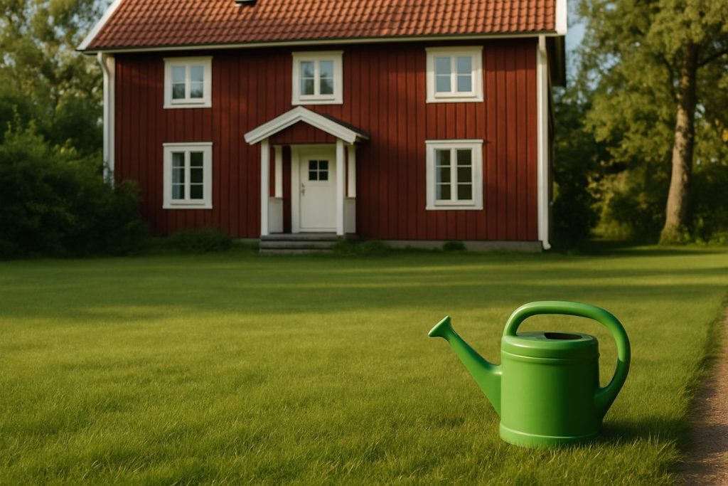 Jämnt grön villagräsmatta i morgonljus med en vattenkanna vid kanten
