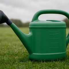 Grön vattenkanna i plast på en nyklippt gräsmatta en mulen dag