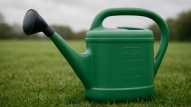 Grön vattenkanna i plast på en nyklippt gräsmatta en mulen dag